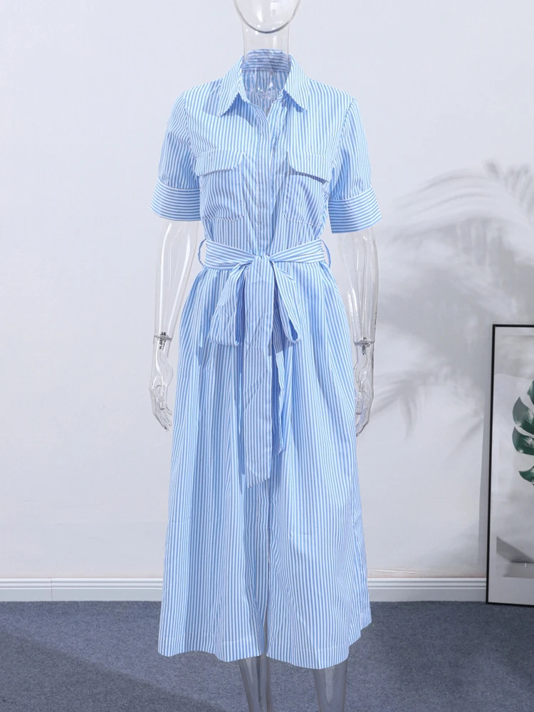 Elegant Women's Striped Long Dress Summer Lace Up Turn-Down Collar Single-breasted Blue A-line Dresses 2026 Lady Holiday Robes 4