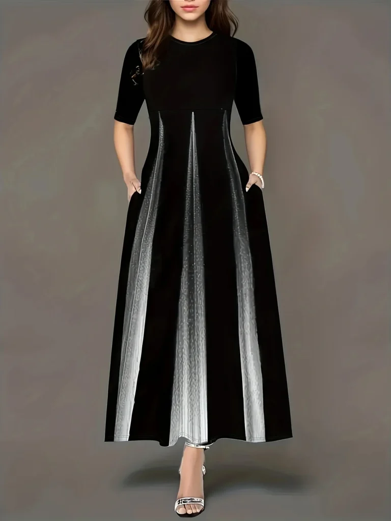 Summer new gradient vertical print dress with round neck, loose sleeves, slimming temperament, long skirt 2