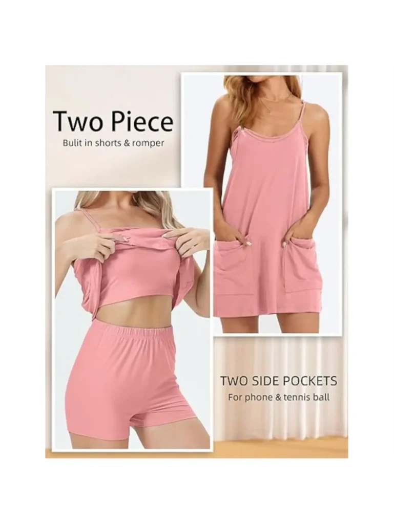 Women's Summer Sleeveless Mini Dress V Neck Spaghetti Straps Athletic Built-in Shorts Sundress 4