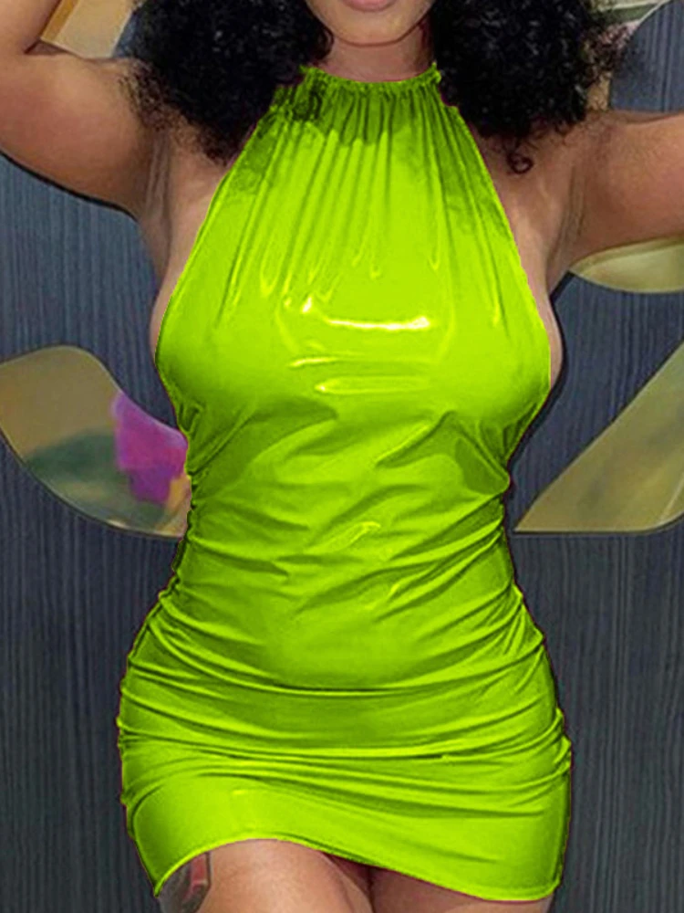 Sexy Shiny Candy Color Imitation PU Leather Slim Bodycon Dress Women Sleeveless Wrap Chest Skinny Dress Club Party Vestidos 2