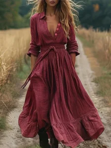 Fashionable women's burgundy deep V-neck long dress with a drawstring waist, textured fabric, vintage Bohemian casual style