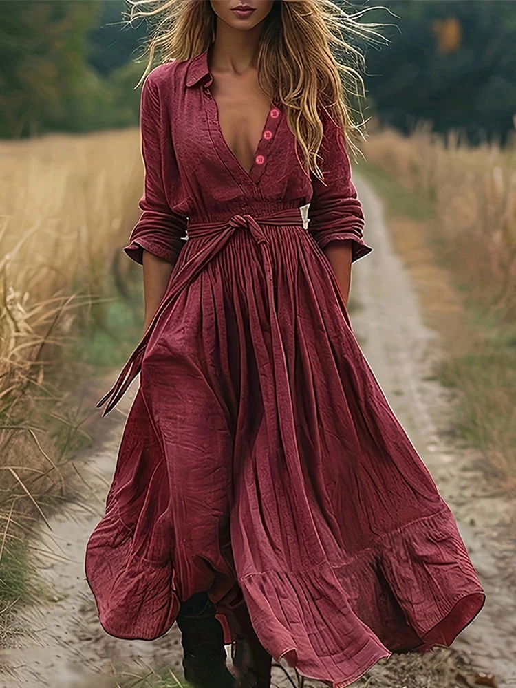 Fashionable women's burgundy deep V-neck long dress with a drawstring waist, textured fabric, vintage Bohemian casual style 1