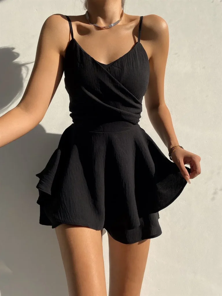 Slim Suspender Strap Sexy Dresses Y2k Solid Ruffles Rompers Summer Casual Threaded Slip Playsuits Female Elegant Clothes 2