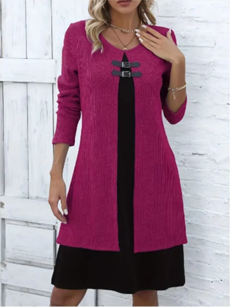 Women's Fashion Midi Dress, Ribbed Knit Construction with Contrast Insert and Buckle Detail 3