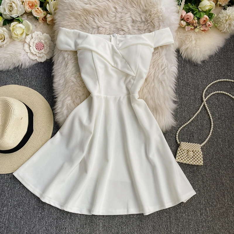 Summer Sexy One oulder A-Line Dr Slimming Pure Color High Waist ort Skirt Women's Faion Commute Korean Sle Folded 6