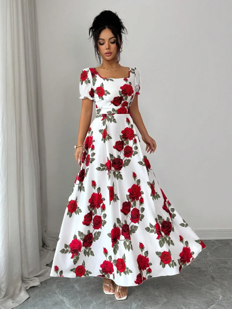 Women Rose Floral Print Maxi Dresses Square Neck Puff Short Sleeve Back Smocked Elastic Waist Flowy A Line Summer Vacation Dress 1