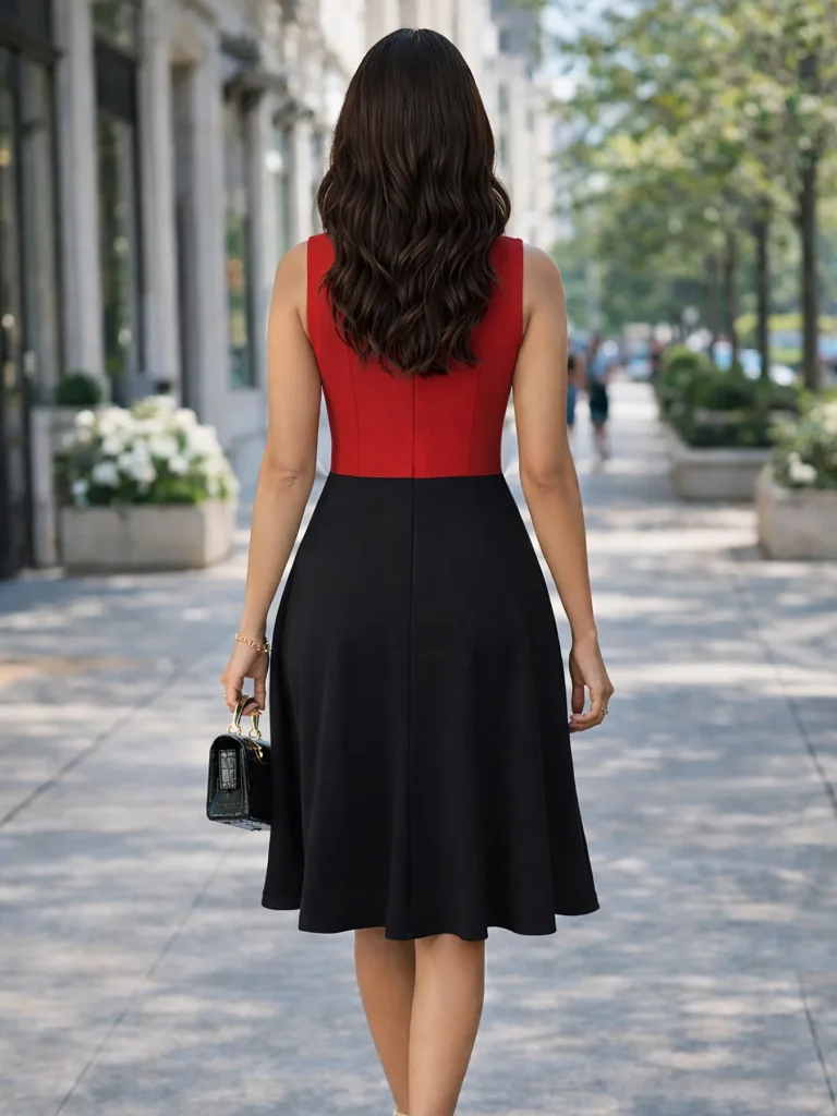 Womens Summer Sleeveless Elegant Front Zipper Work Office A-Line Colorblock Business Casual Party Slim Fit And Flare Swing Dress 2