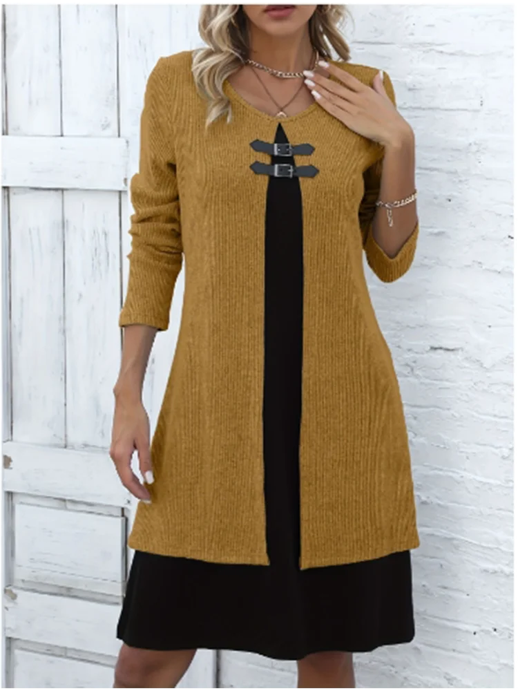 Women's One Piece Color Blocked Round Neck Dress Lady Long Sleeved  Button Up Dress Autumn Casual Elegant Dress 3