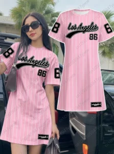 2026 Summer Women T-Shirt Dress Loose Casual NO.86 LOS ANGELES Printed O-Neck Lady Short Sleeve Pullover Dresses Women Clothing
