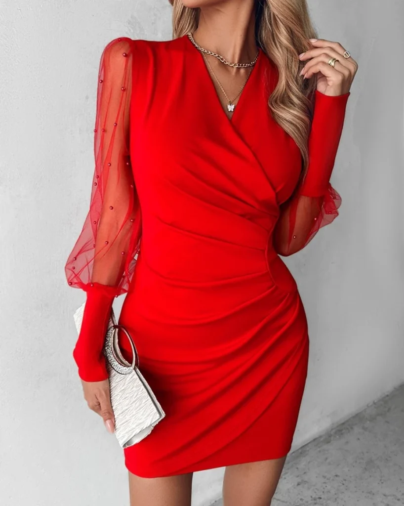 Ladies Fashion V-Neck Long Sleeve Mesh Dress Pure Color Pleated Waist Cinched Asymmetrical Hemline Elegant Gown 3