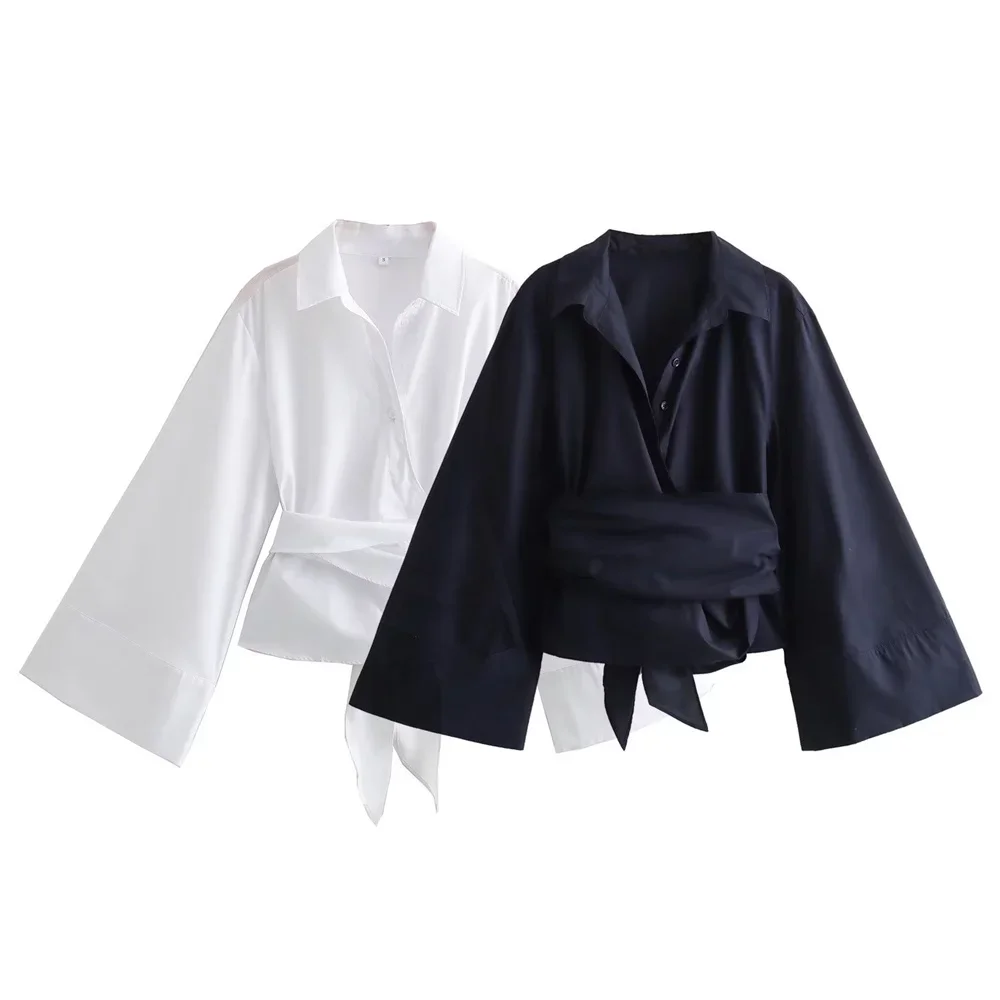 New Women's Fashion Casual Polo Neck Bow Tie up Short Edition Double Breasted Poplin Shirt 1