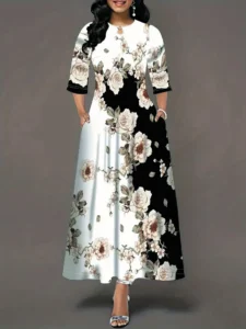Women's Casual Dress, Plus Size  Print Half Sleeve Round Neck Maxi Dress With Pockets