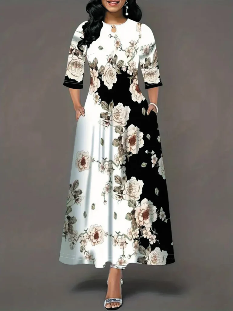 Women's Casual Dress, Plus Size  Print Half Sleeve Round Neck Maxi Dress With Pockets 1