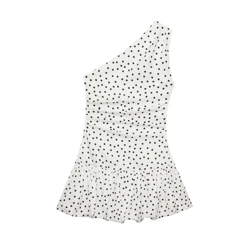Women One Shoulder Sleeveless Polka Dot Mini Dress Ruched Waist Ruffle Hem Elegant Casual Party Short Dress Spring Summer 5