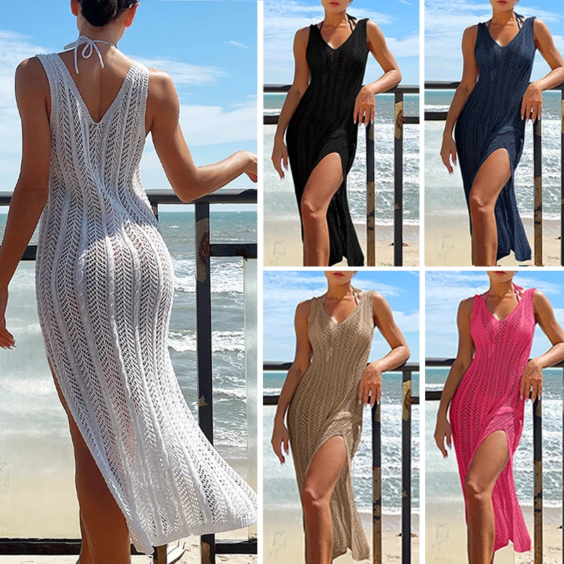 2024 Summer Ladies Vacation Hollow Out Robe Women Chic Solid Knitted Maxi Dress Fashion Sleeveless Sexy Beach Cover Up Dresses 1