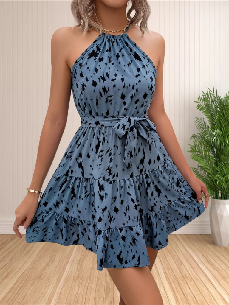 Women 2024 Summer Halter Neck Dresses Sleeveless Casual Floral Polka Dot Print Short Boho Ruffle Sundress 6