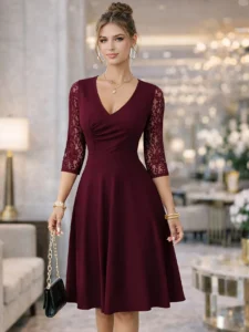 Women Elegant Autumn V-Neck Three-quarter Sleeve Cocktail Party Solid Knee Length Swing A-Line Party Dresses