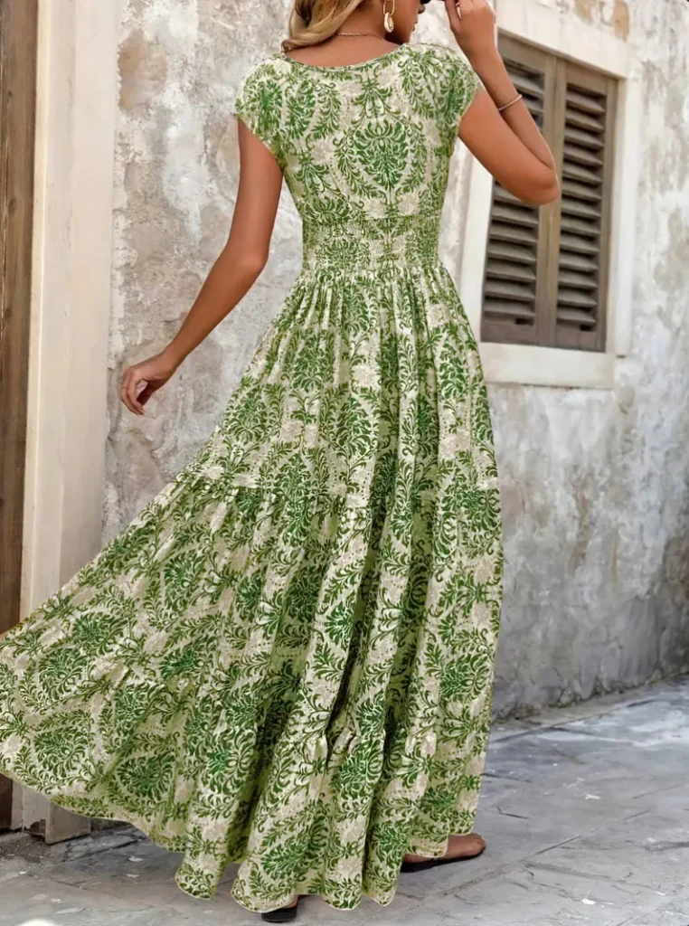 2026 Vintage Printed Dress Fashionable and Elegant V-Neck Short-Sleeved Jumpsuit Long Skirt Women's Clothing 2