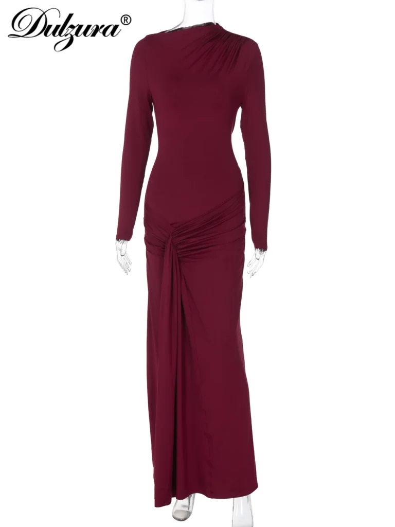 Dulzura Autumn Solid Elegant O-Neck Long Sleeve Ruched Slim Lace Up Long Dress Women'S Fashion Casual Clothes Party Club Outfit 6