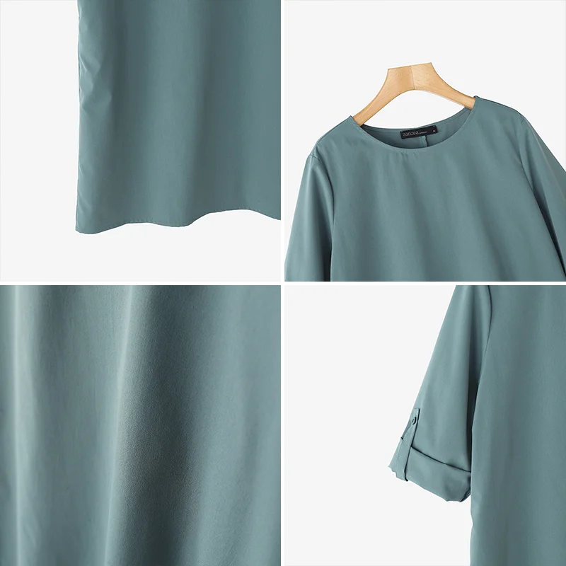 ZANZEA Elegant Women Party Dress 2026 Summer Fashion 3/4 Sleeve Casual Shirt Vestidos Pockets Loose Solid Knee-length Sundress 6