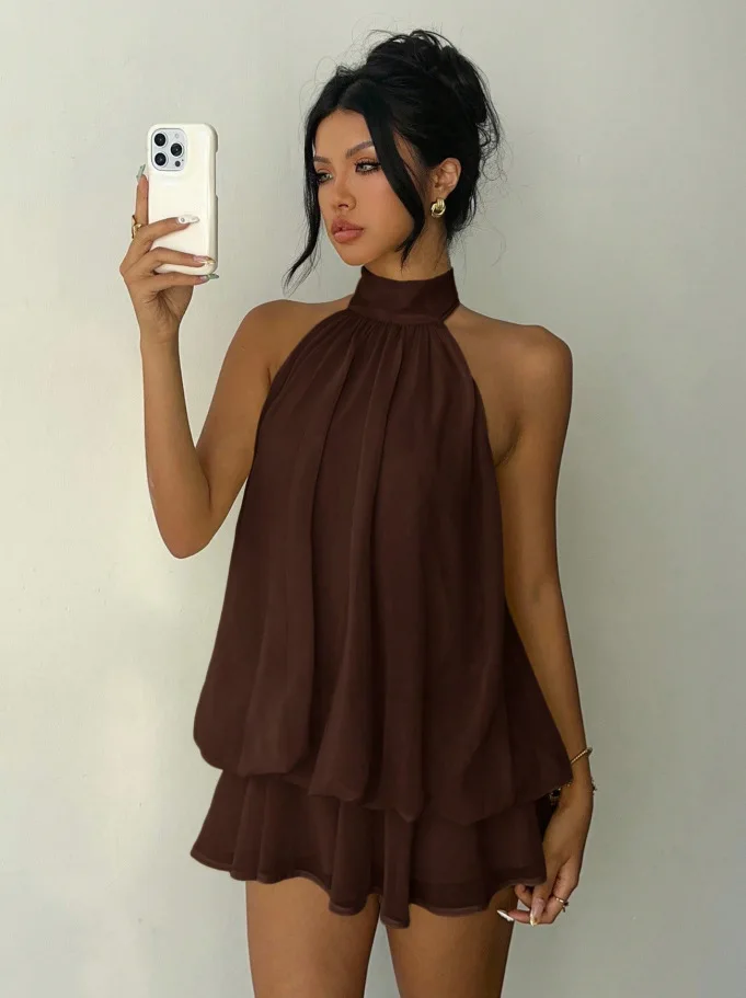 Women's Vacation Slim Fit Fashion Sexy Backless Halter Tie Waist Versatile Solid Color Dress, Stylish and Comfortable Summer 6