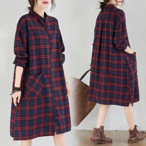 Spring Faion plus Size Women's Plaid irt Dr Korean Sle Long Sve Midi Dr Sli Agel Commute Friendly