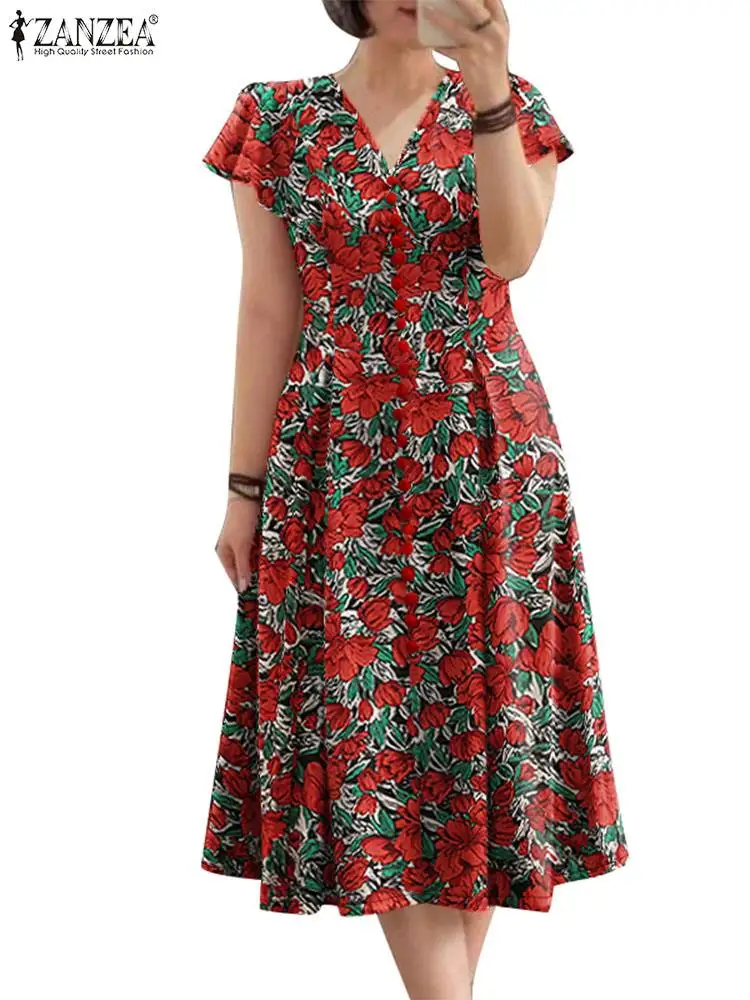 ZANZEA Elegant Women Floral Print Midi Dress Summer Casual Cinched Waist V Neck Party Vestidos Fashion Ruffles Short Sleeve Robe 5