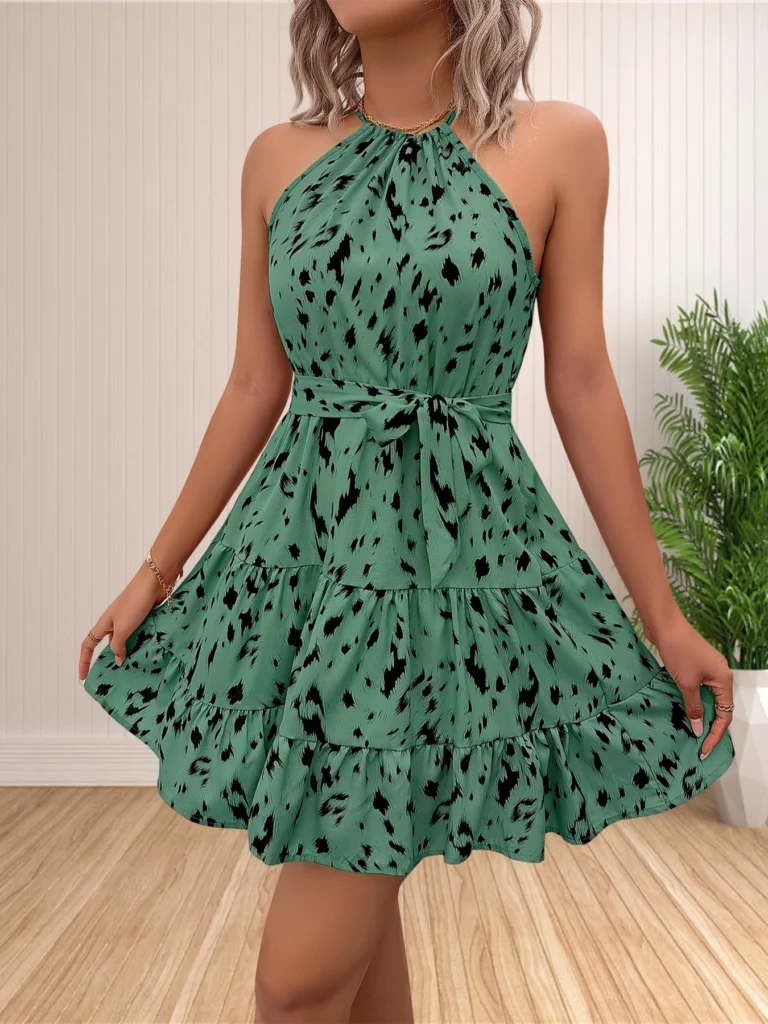 Women 2024 Summer Halter Neck Dresses Sleeveless Casual Floral Polka Dot Print Short Boho Ruffle Sundress 5