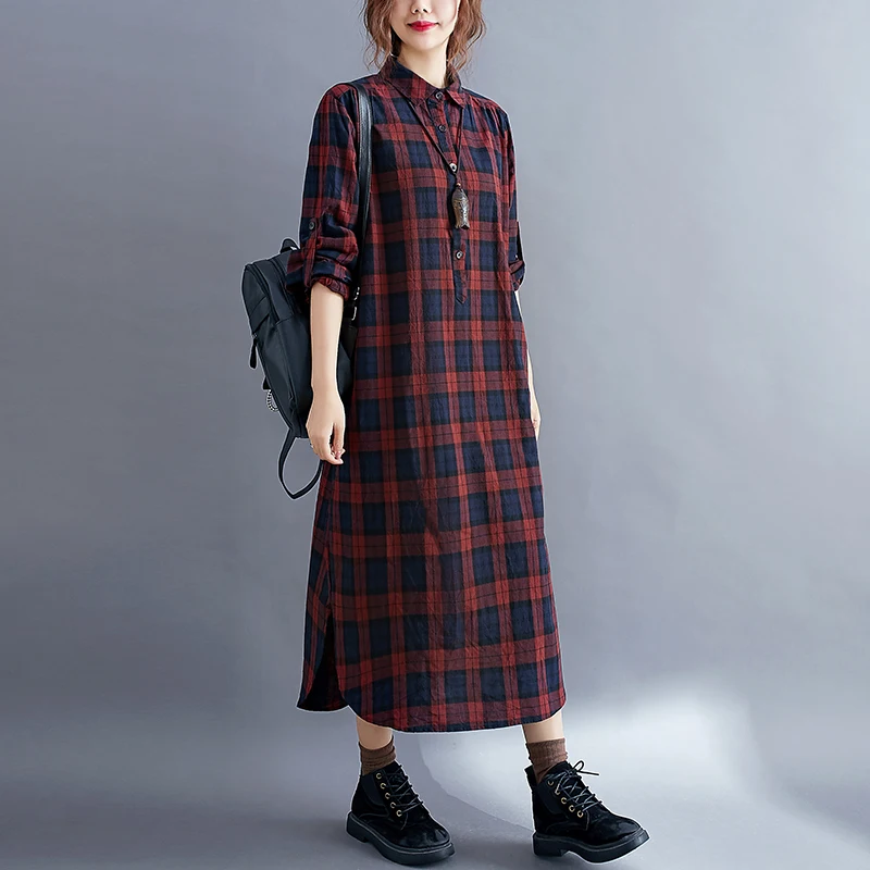 plus Size Women's irt Dr Mid-Length Loose Fit Slimming Plaid Sle Autumn Faionable Split Hem  Collar Long Sve 2