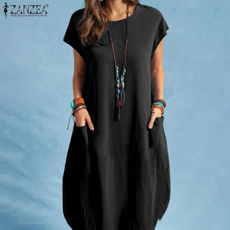 ZANZEA Summer Casual Cotton Dress for Woman O-Neck Short Cap Sleeve Loose Cotton Knee-Length Dress Vacation Day Wear Robes Femme 2