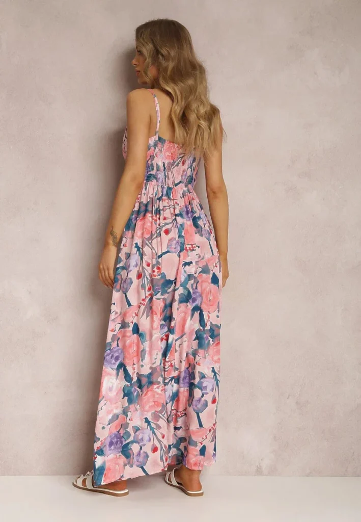 Women Watercolor Floral Print Maxi Dress V Neck Spaghetti Strap Tassel Tie Waist Smocked Back Summer Beach Holiday Casual Long Sundress 5