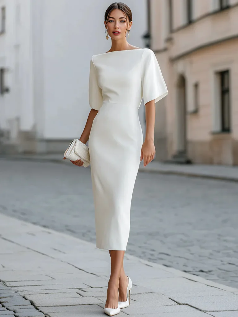 Women Boat Neck Short Sleeve Midi Bodycon Dress Elegant Formal Office Wedding Guest Pencil Dress 4