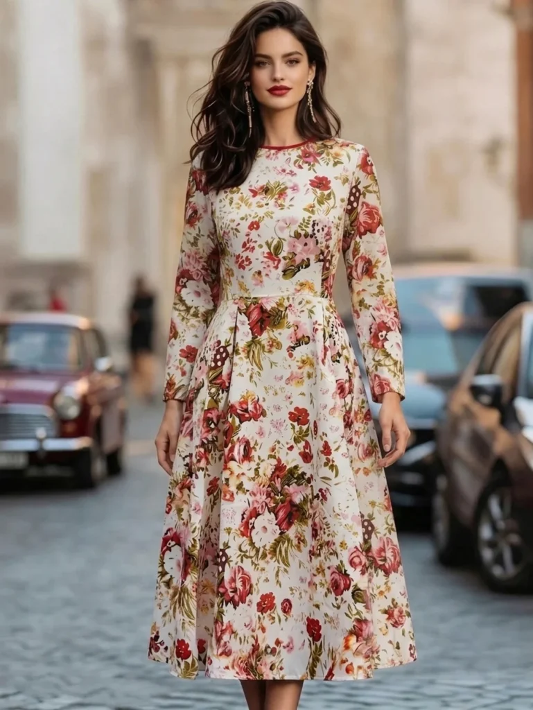 Women's Crew Neck Long Sleeve Midi Dress Floral Print Pleated Waist Flared A‑Line Knee Length Ladies Dress 3