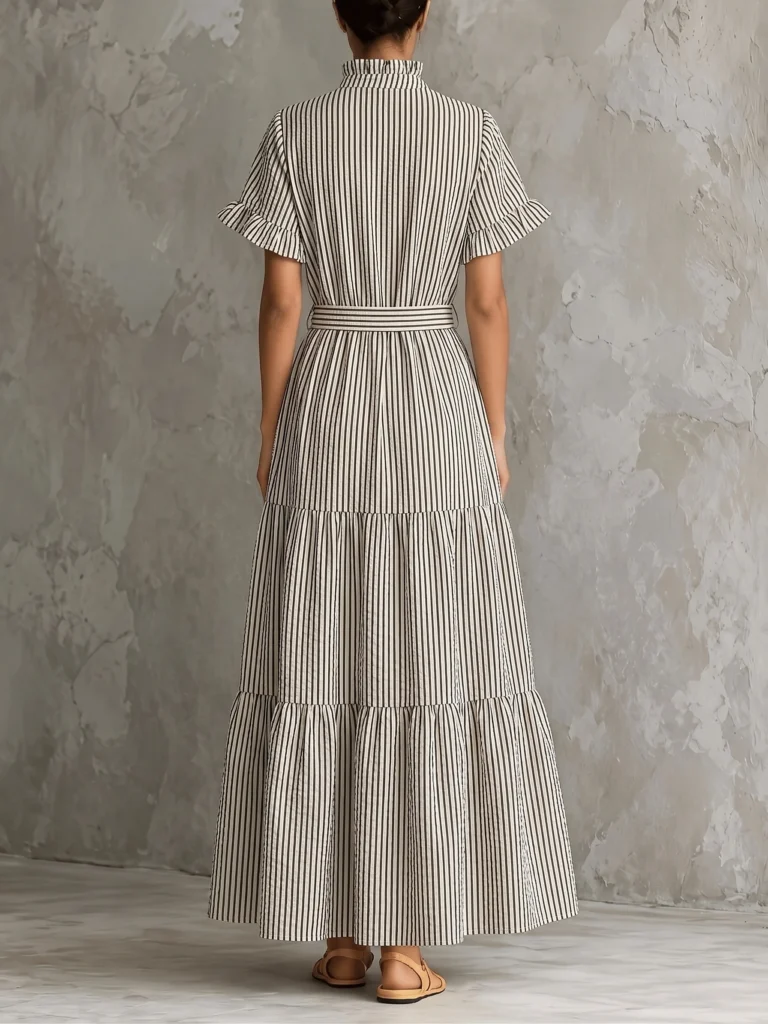Vintage Striped Shirt Dress Women Elegant Ruffle Short Sleeve Button Belted A-Line Maxi Dress Spring Casual Office Party Robe Fe 2