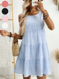Women's Summer Short Plaid Ruffle Sleeveless Dress, Casual Loose Fit, Inner Lined, Multiple Colors Available, Perfect for Vacati