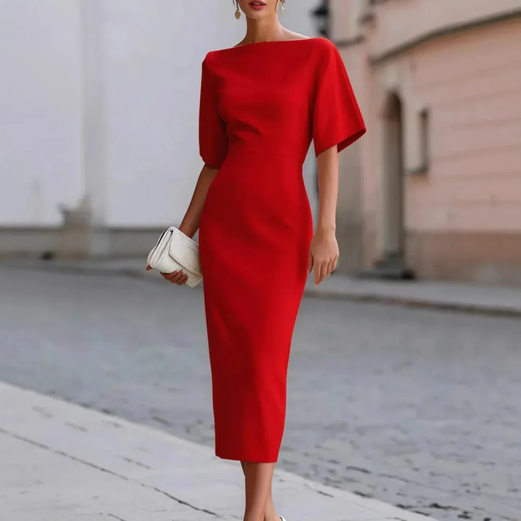 Women Boat Neck Short Sleeve Midi Bodycon Dress Elegant Formal Office Wedding Guest Pencil Dress 2
