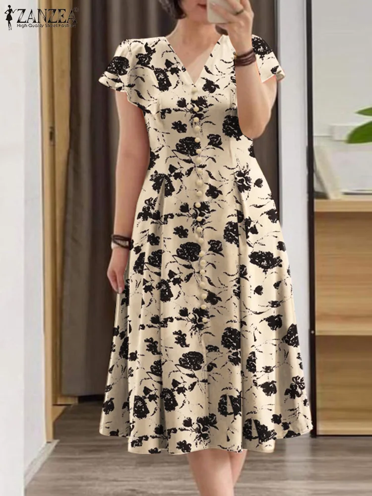 Women Elegant OL Work Floral Mid-calf Sundress ZANZEA Fashion Summer V Neck Short Sleeve Printed Dress Vintage Holiday Vestido 1