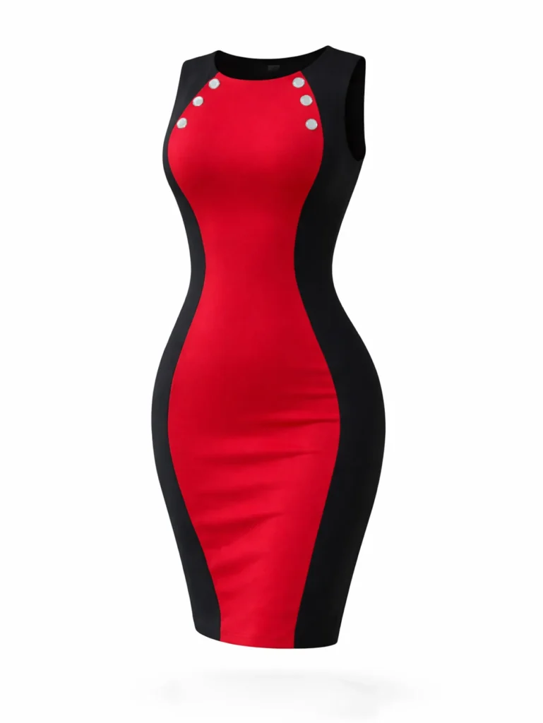 Women Elegant Color Block Round Neck Sleeveless Summer Office Work Knee Length Bodycon Dress Slim Fit Patchwork Pencil Dress 4