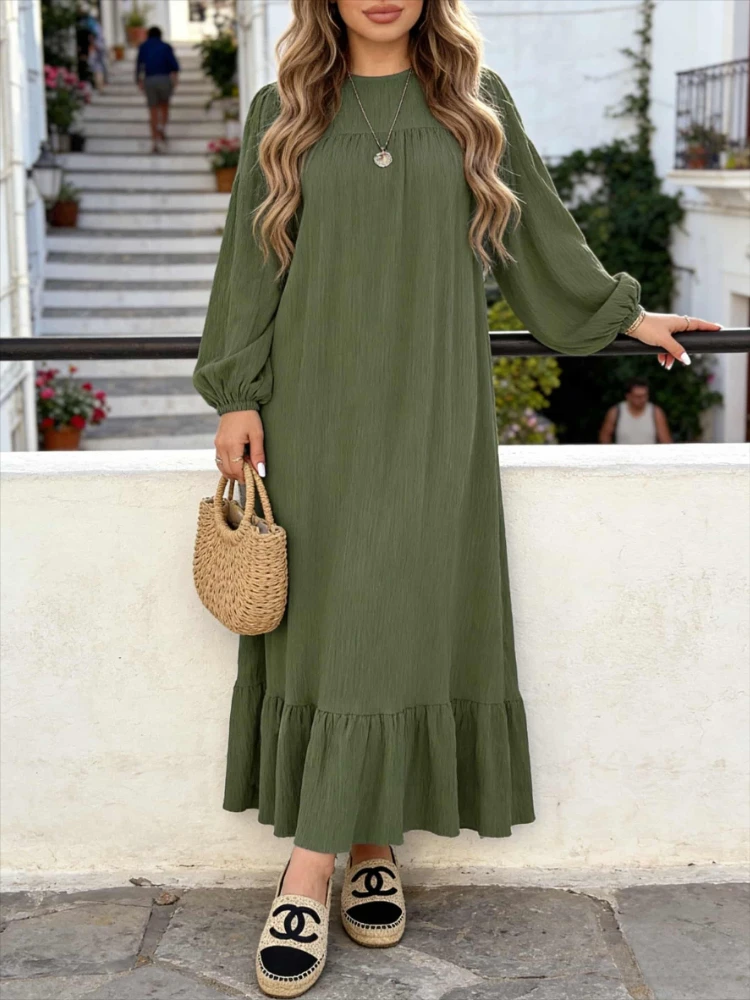 Women’s Spring-Summer Textured Long Sleeve Maxi Dress Round Neck, Ruffle Hem, Loose Fit, Casual Boho Style, Vacation Beach Wear 3