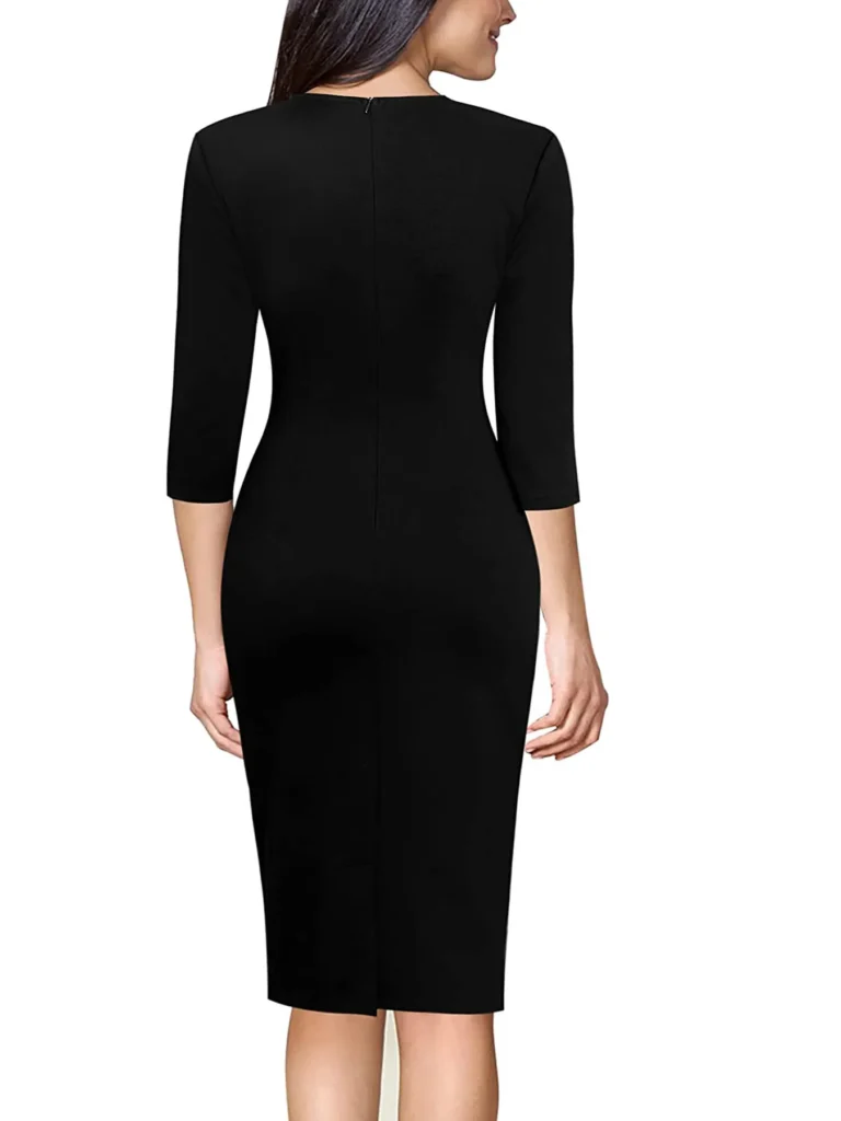 Women Elegant Business V Notch Neck 3/4 Sleeve Autumn Office Work Knee Length Bodycon Dress Geometric Print Patchwork Slim Fit 3