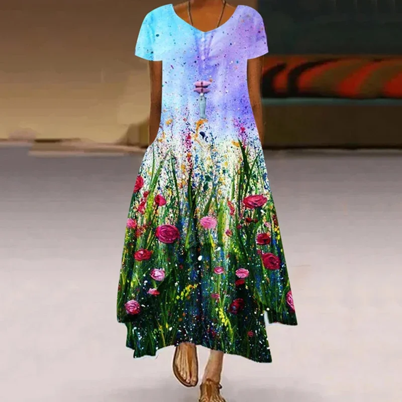 Women's Fashionable Dandelion Short Sleeved Dress Summer Casual Print Long Dress 3