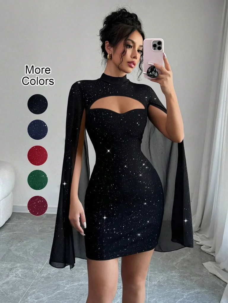 Sexy Women's Stand Collar Cape Mini Dress Sequins Sparkling Club Party Night Out Fitted Bodycon Elegant Autumn Winter 1
