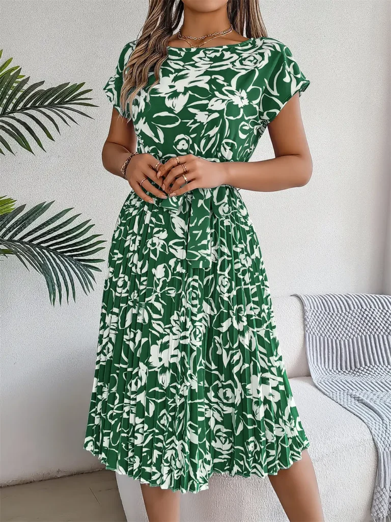 Elegant Floral Short Sleeved Pleated Dress Women Round Neck Medium Long Spring Summer Causal A Line Dress 4