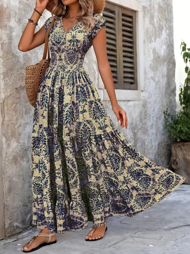 2026 Vintage Printed Dress Fashionable and Elegant V-Neck Short-Sleeved Jumpsuit Long Skirt Women's Clothing 4