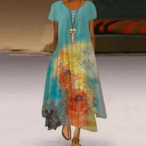 Women's Fashionable Dandelion Short Sleeved Dress Summer Casual Print Long Dress