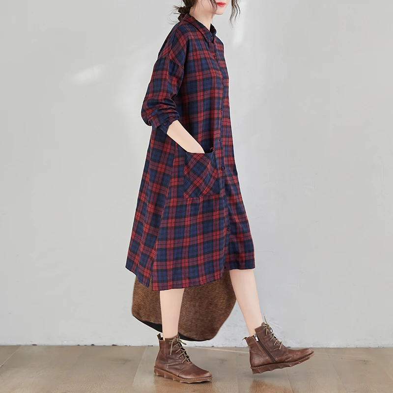 Spring Faion plus Size Women's Plaid irt Dr Korean Sle Long Sve Midi Dr Sli Agel Commute Friendly 3