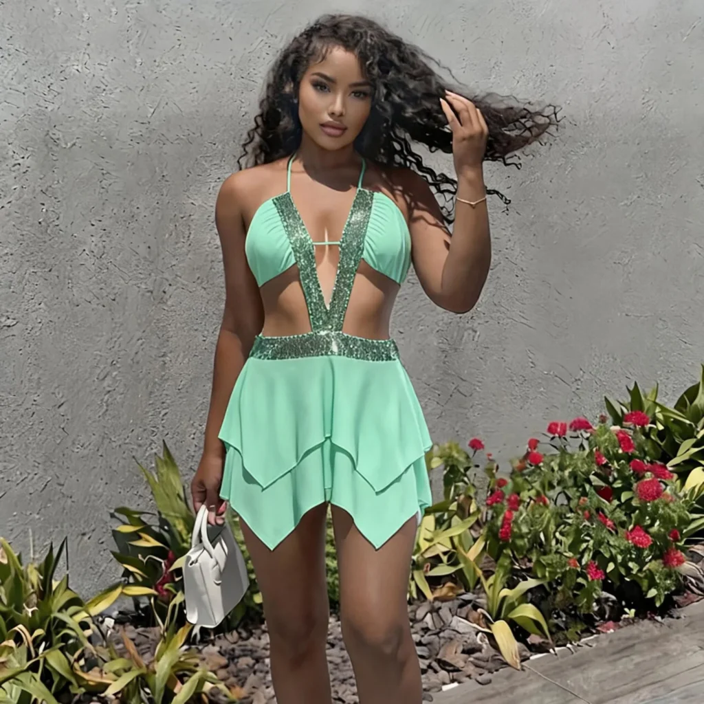 Summer fashion new European and American beach spice girl style dress leisure holiday deep V-neck backless waist sexy skirt. 1