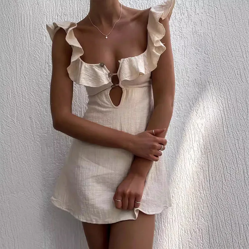 Summer Hollow Out Button Ruffles Short Dress Sexy V Neck Sleeveless Solid Color Dress New Holiday Beach Cotton Linen Mini Dress 6