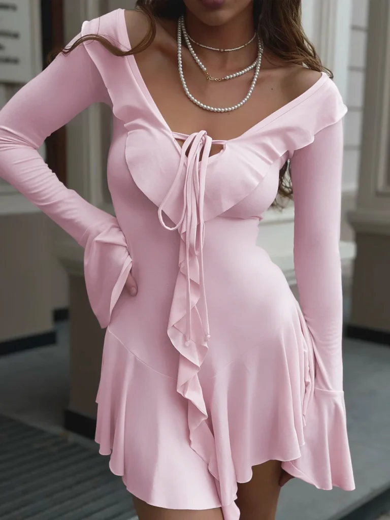 Women's Elegant Casual Dress Spring 2025 Deep V Neck Flared Sleeve Ruffled Lace Pleated Short Fashion Dress 6