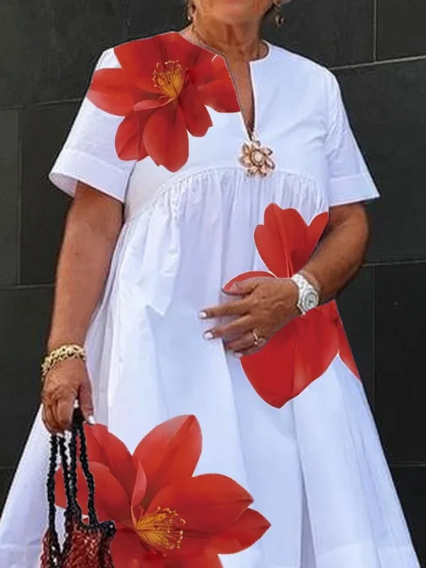Modigirl Women's Summer New Dress 2025 V-Neck Pleated Short Sleeves White Loose Flower Print Casual Midi Dresses for Woman 2